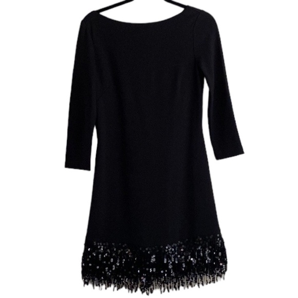 Eliza J Black 3/4 Sleeve Shift with Sequin Fringe at Hem Short Mini Dress Sz 2 - Picture 1 of 10